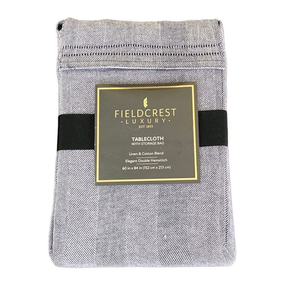 NWT Fieldcrest Luxury Linen Cotton Navy Blue Tablecloth + Storage Bag 60x84 - Picture 2 of 2